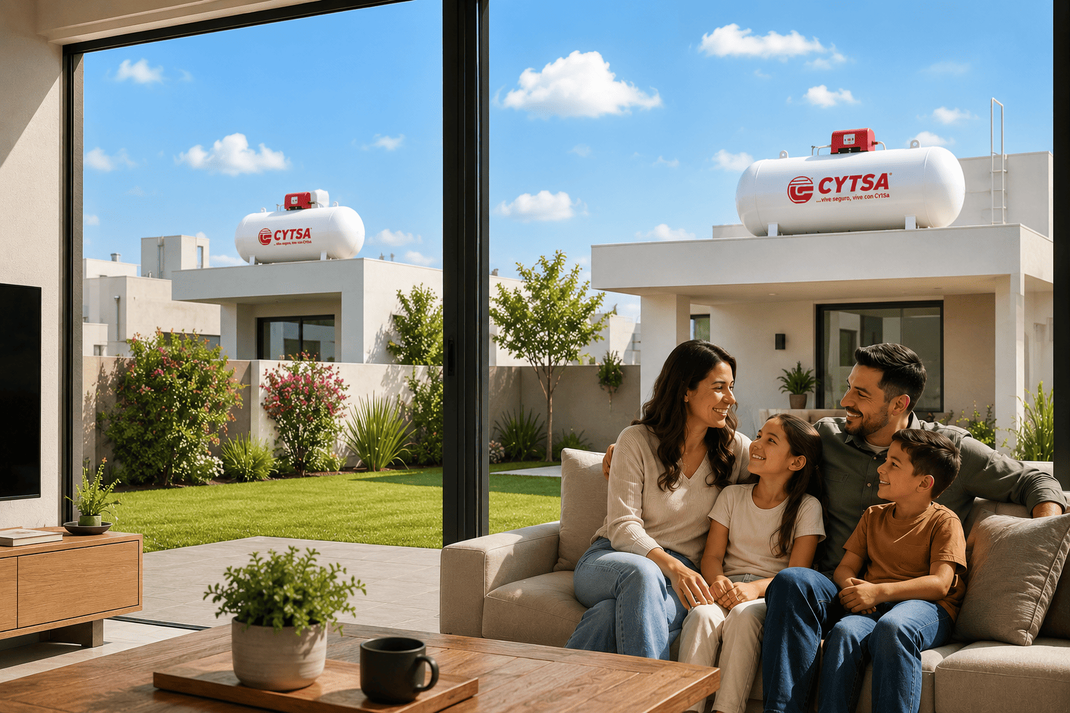 Familia mexicana disfrutando su hogar con tanque estacionario de Gas LP instalado en azotea